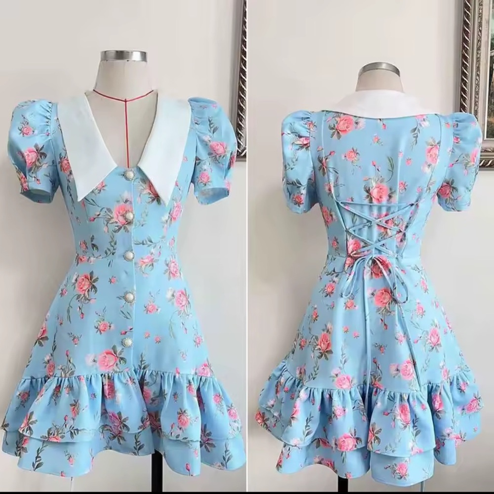 Blue Floral Puff-Sleeve Dress with White Collar